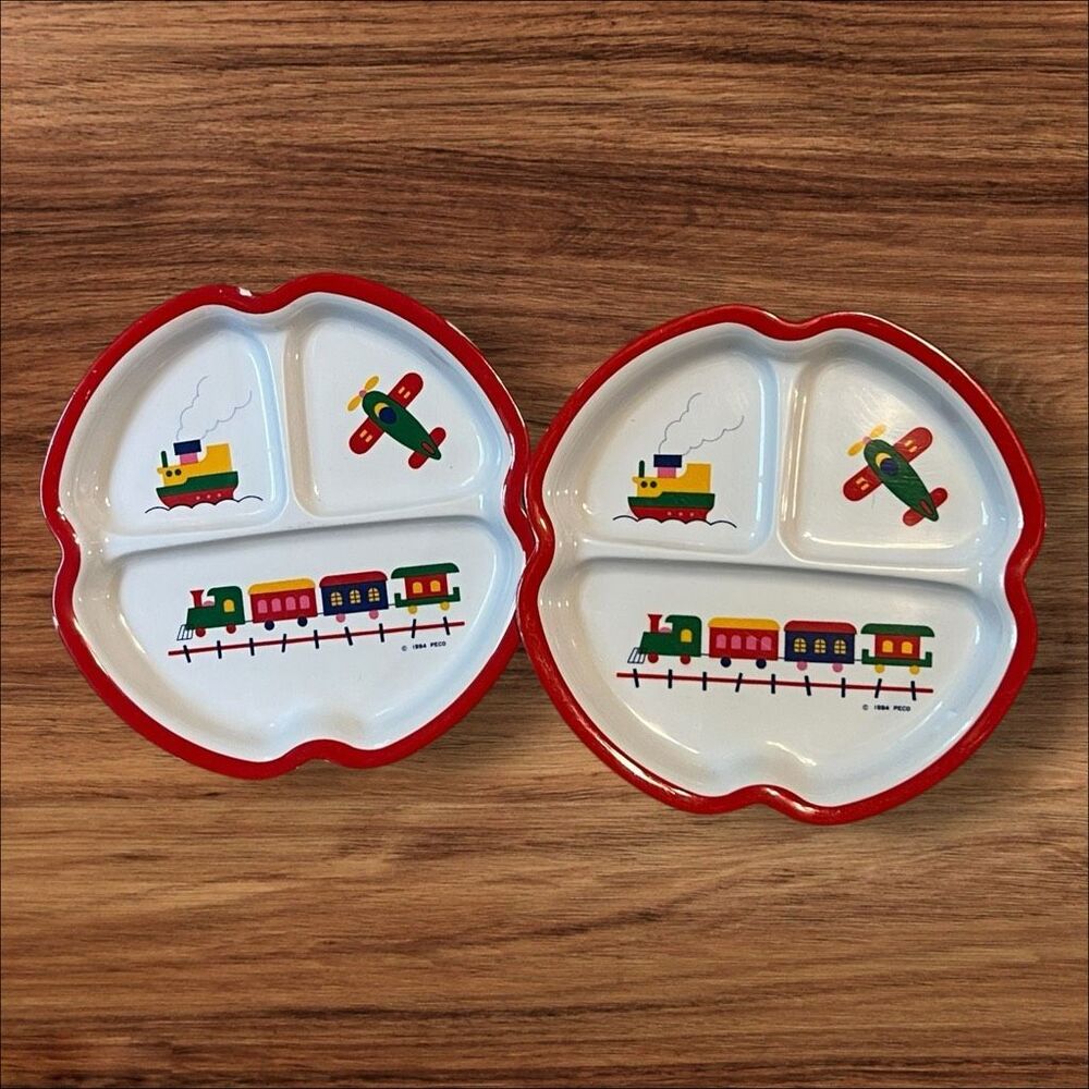 Vintage 1984 PECO Kids Divided Plates Transportation Train Plane Boat Set of 2